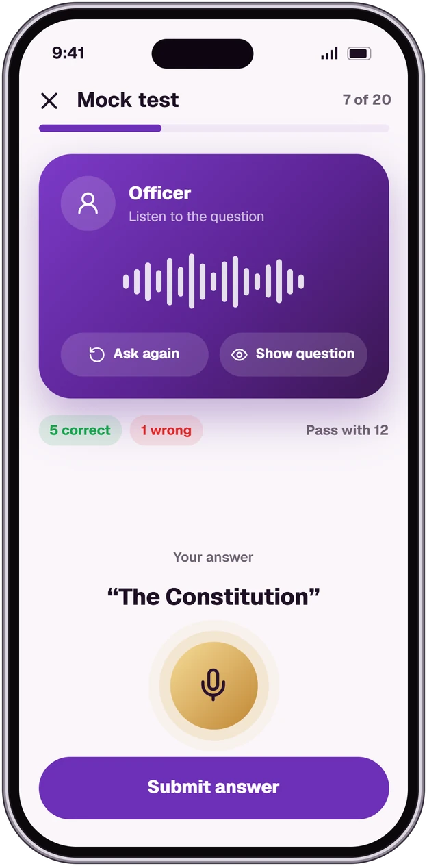 OathCoach mock test in officer mode, answering by voice